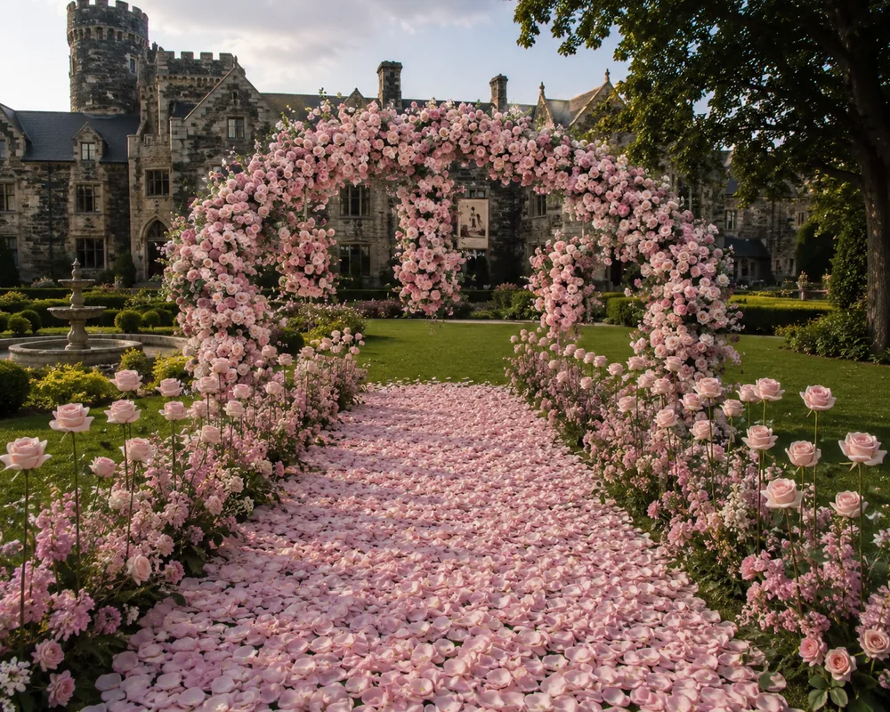 A drawing of a pink rose arch over a petal path in front of a stone castle