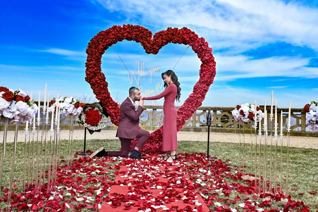 A man on one knee on a red petal aisle in front of a rose heart on a sunlit lawn