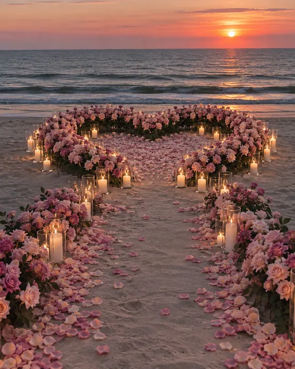 A heart of pink roses and candles on the sand at sunset