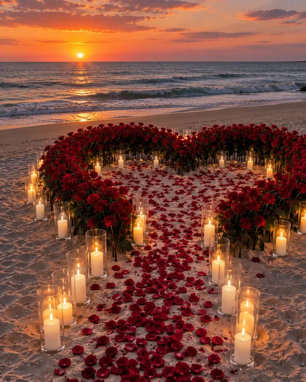 A heart of red roses and a petal path lined with candles on the beach at sunset