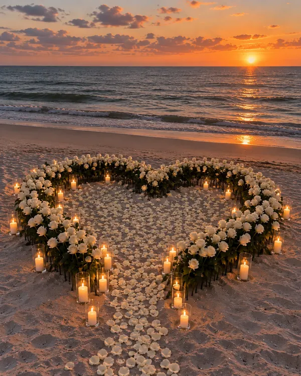 A heart of white roses and candles on the sand at sunset