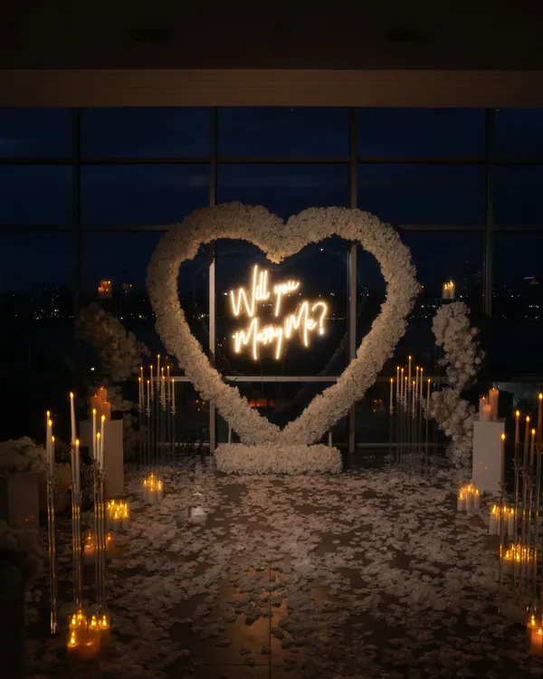A white rose heart with a glowing neon sign before tall black-framed windows at night