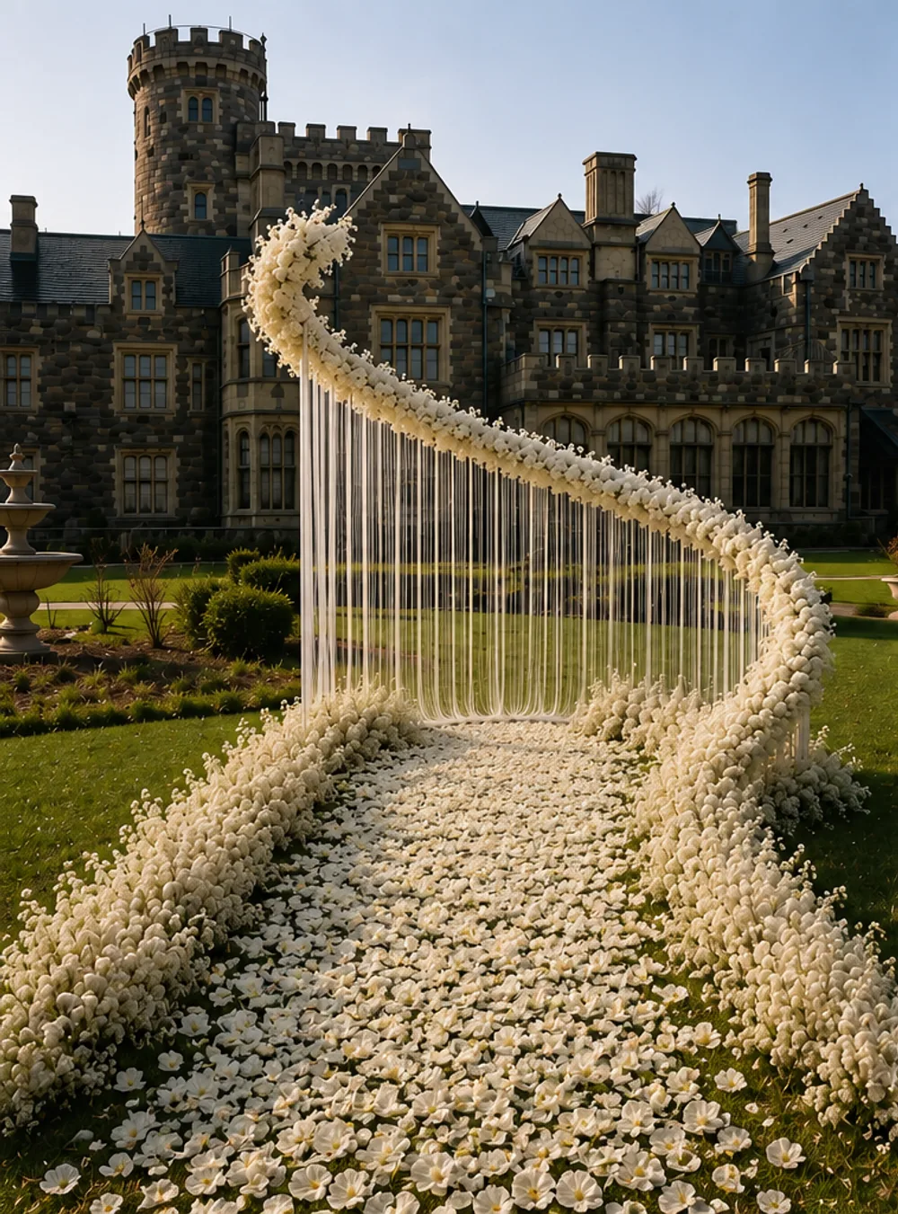 A white floral path curving under a hanging arch of white strands on the lawn in front of a stone castle