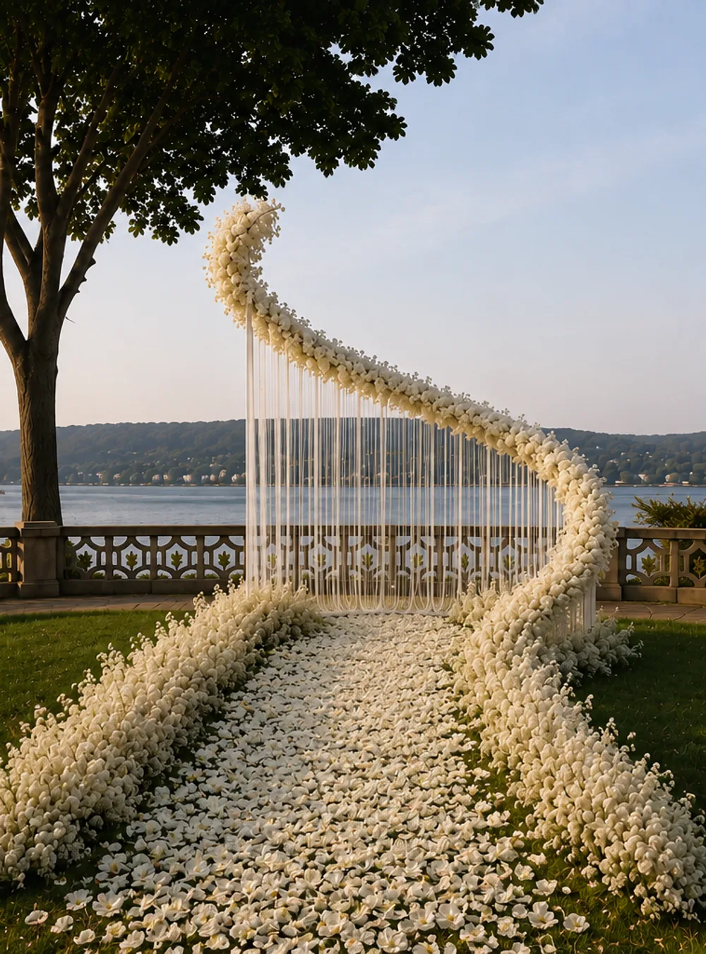 A white floral path curving under a hanging arch of white strands on a lawn above the water
