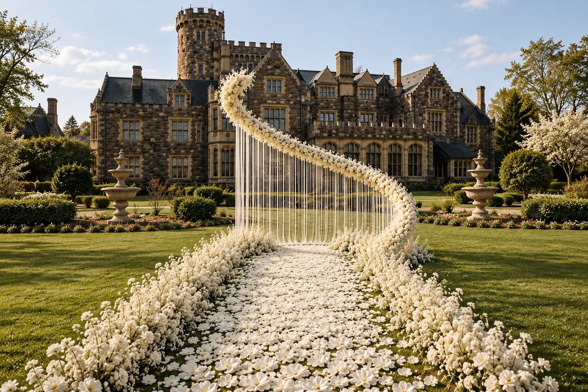 A white floral path curving under a hanging arch of white strands on the lawn in front of a stone castle